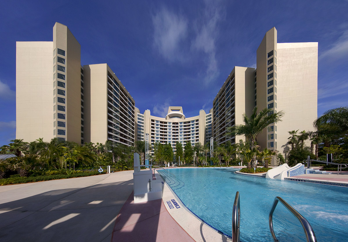 Architectural pool view of Bay Lake Tower at Disney's Resort - Orlando, FL.
