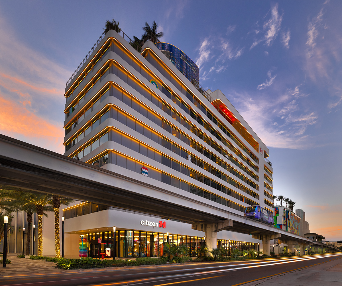 Architectural dusk view of the Citizen M hotel in Miami, FL.