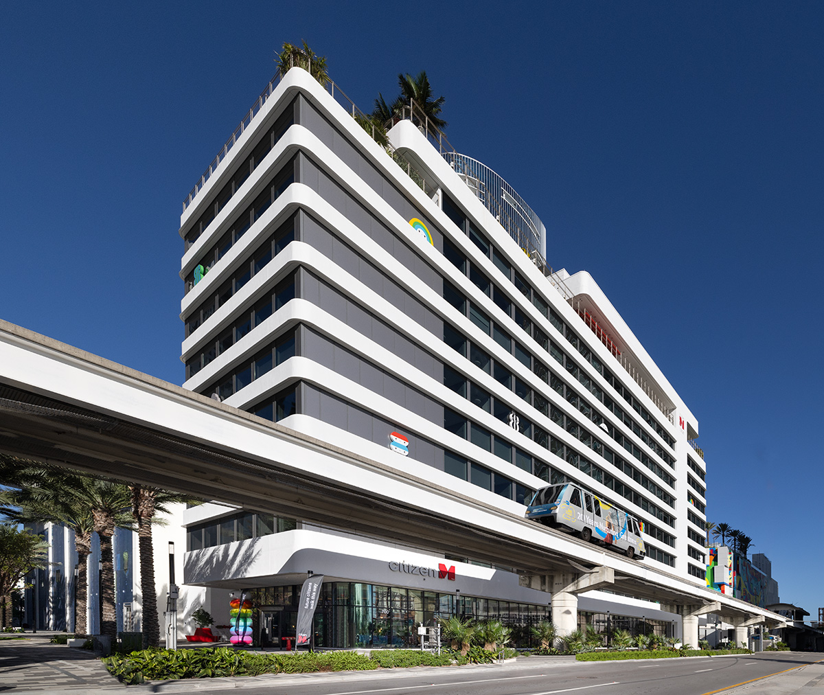 Architectural view of the Citizen M hotel in Miami, FL.