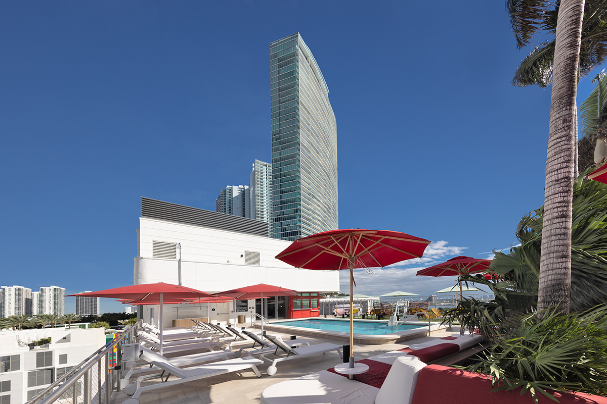 Architectural pool view of the Citizen M hotel in Miami, FL.