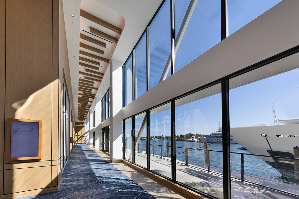 Architectural and interior design view of the Hilton Marina lobby in Fort Lauderdale, FL.