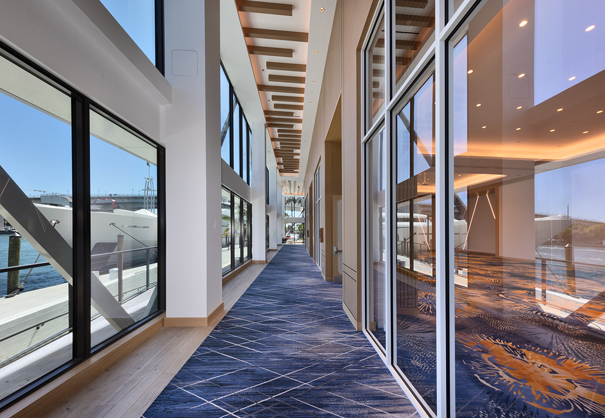 Architectural and interior design view of the Hilton Marina lobby in Fort Lauderdale, FL.