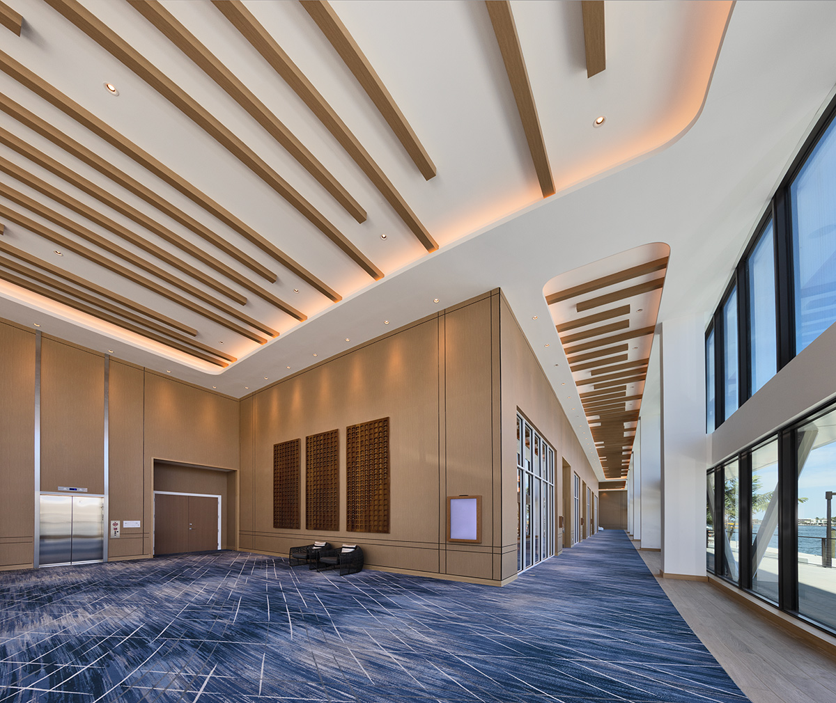 Architectural and interior design view of the Hilton Marina lobby in Fort Lauderdale, FL.