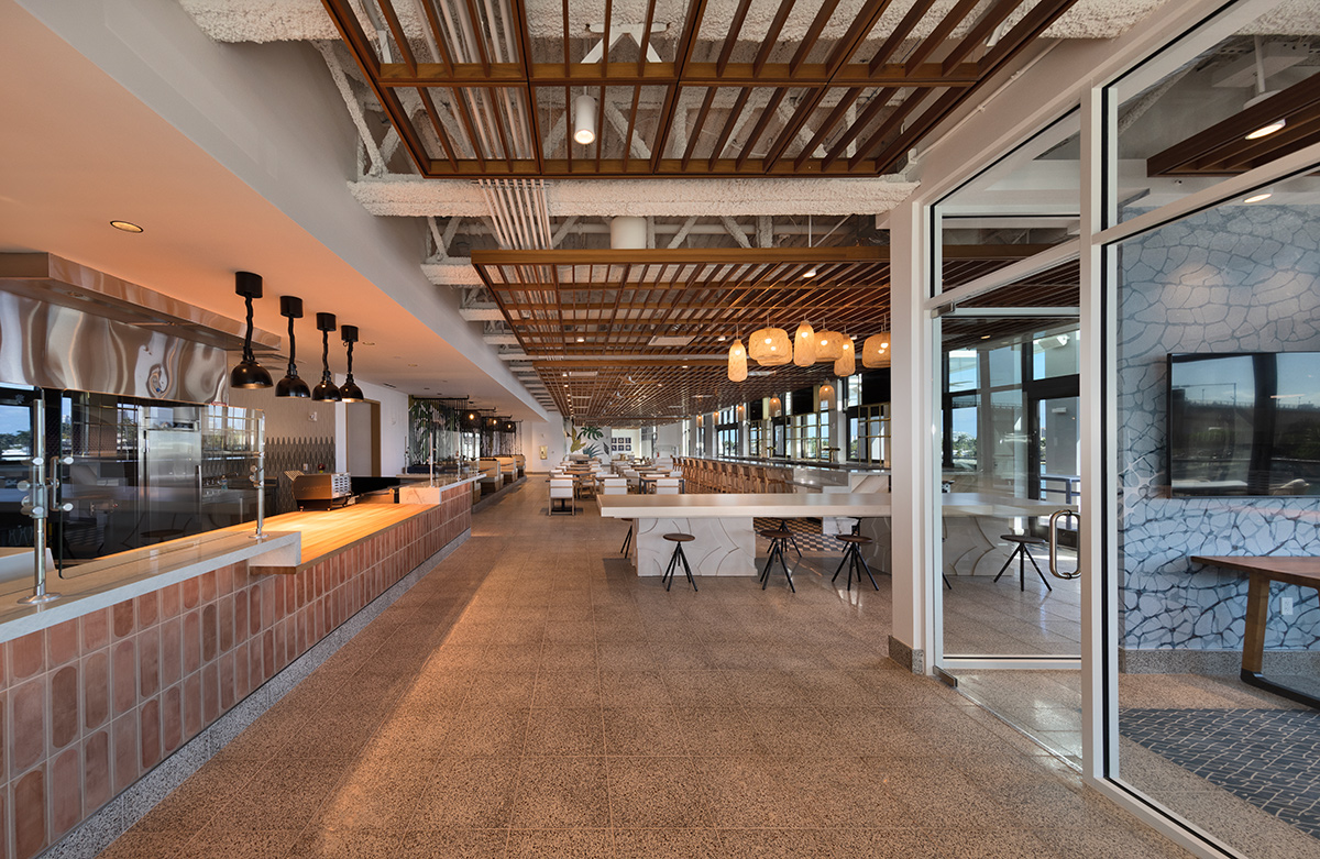 Architectural and interior design view of the Hilton Marina cafe in Fort Lauderdale, FL.