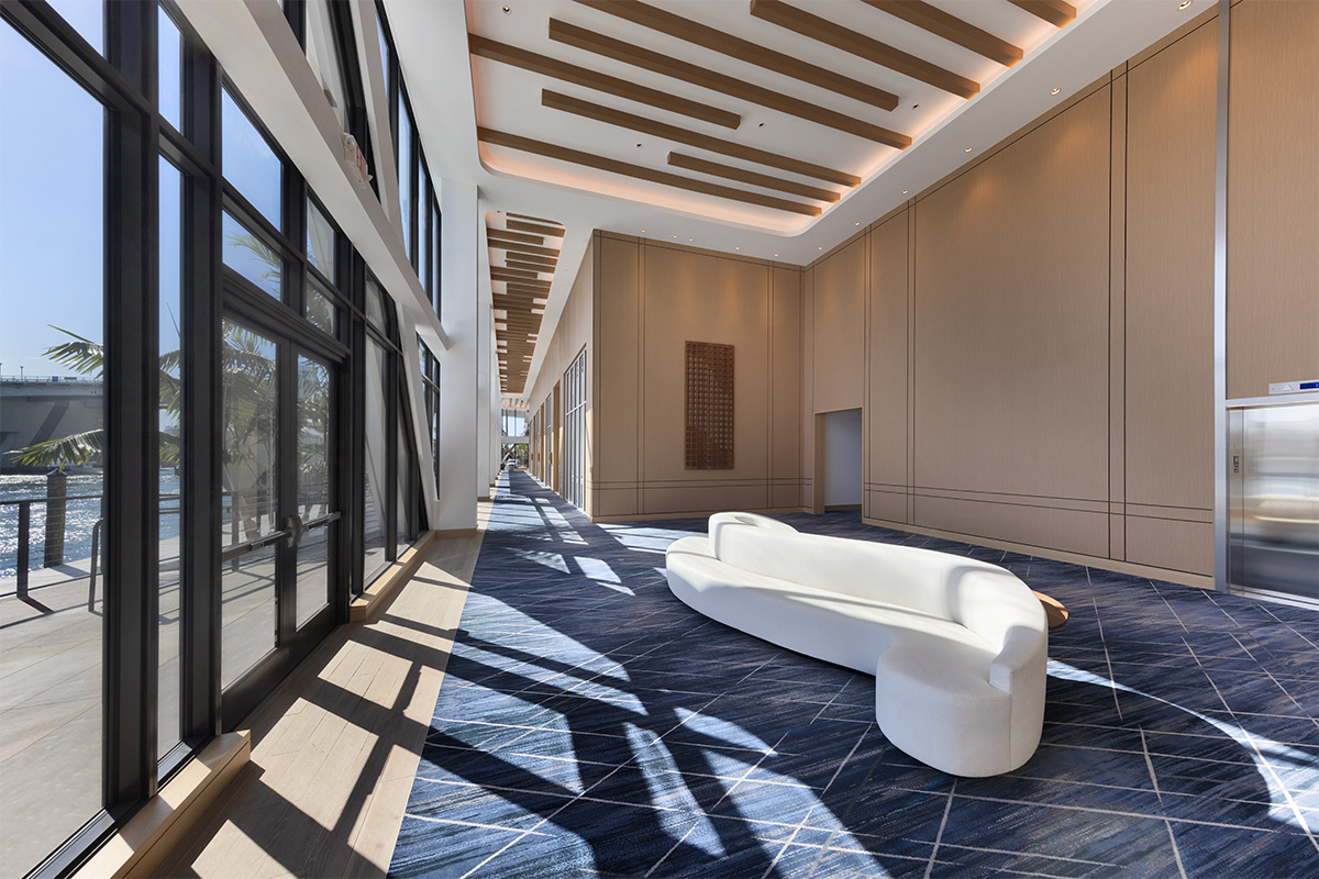 Architectural and interior design view of the Hilton Marina lobby in Fort Lauderdale, FL.