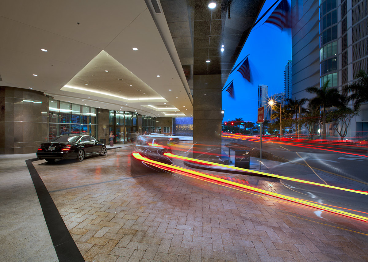 The entrance to the JW Marriott Marquis in downtown Miami providing a luxury hospitality experience.