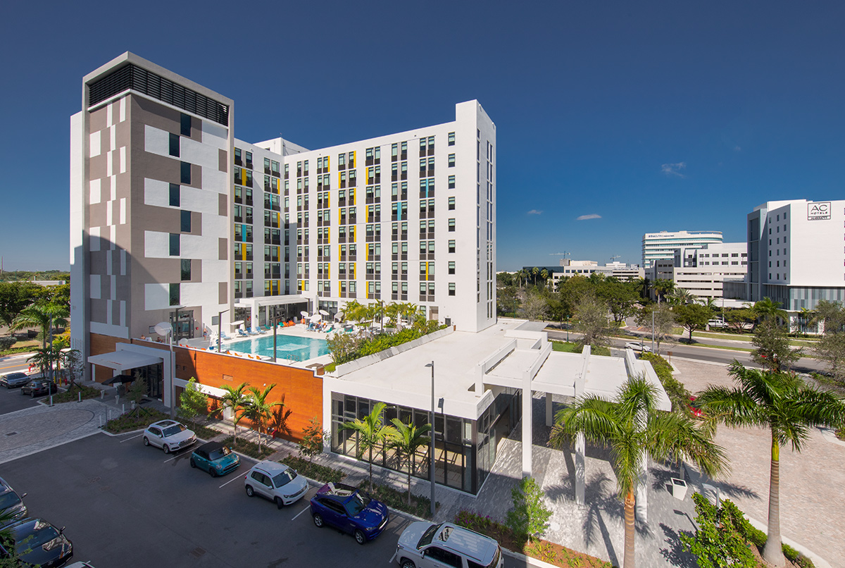 Architectural entrance view at the Aloft Aventura, Miami, FL
