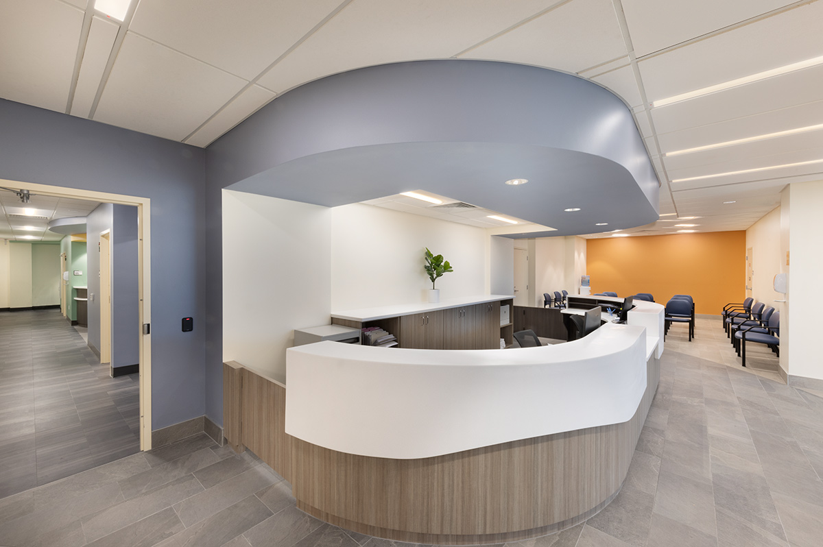 Interior design view of the Foundcare clinic reception in West Palm Beach, FL.