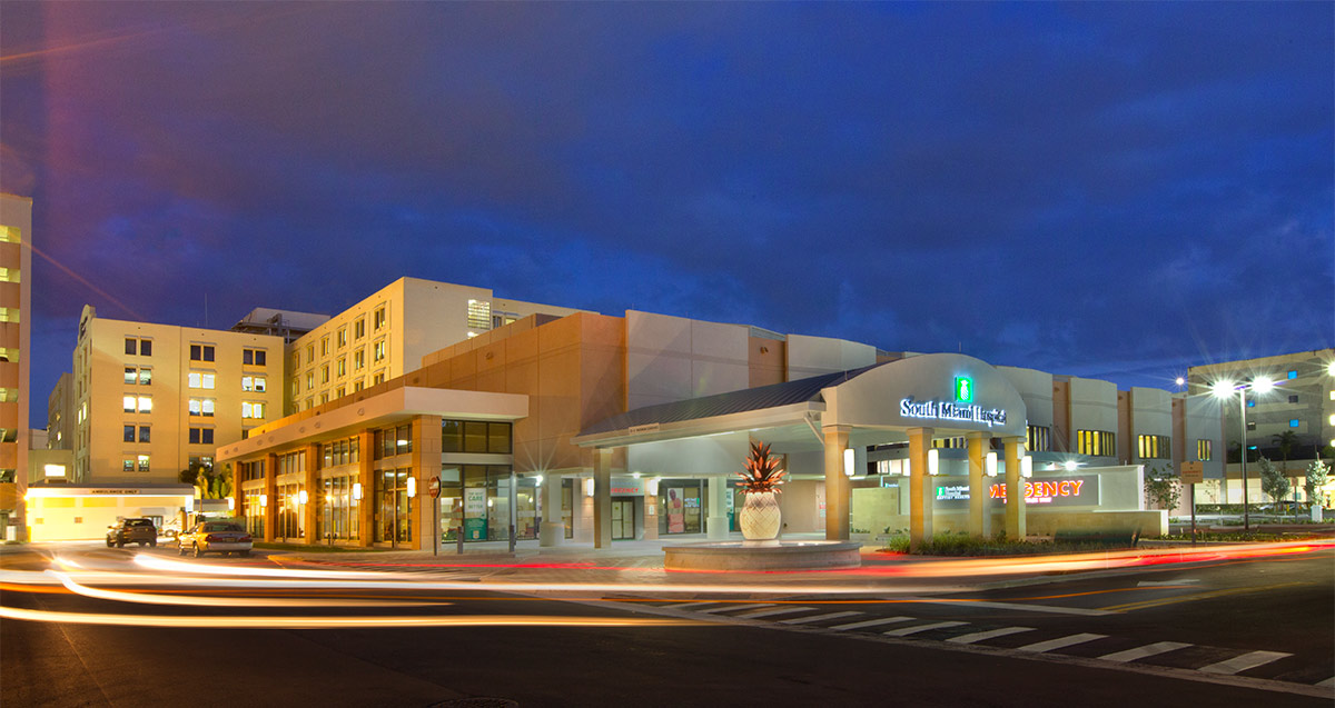 Architectural dusk view of Baptist Health S Miami Emergency.