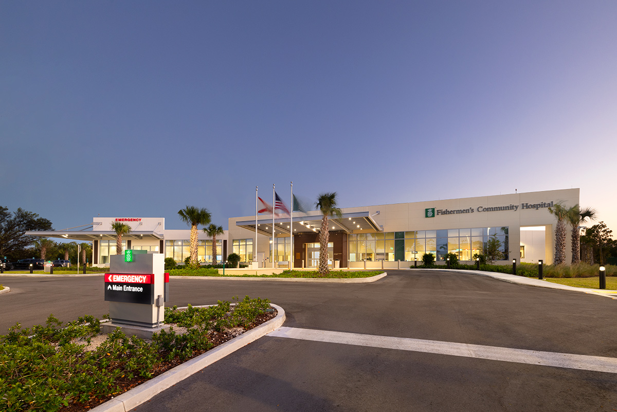 Architectural dusk emergency entrance view of Baptist Fishermen's Community Hospital in Marathon, FL