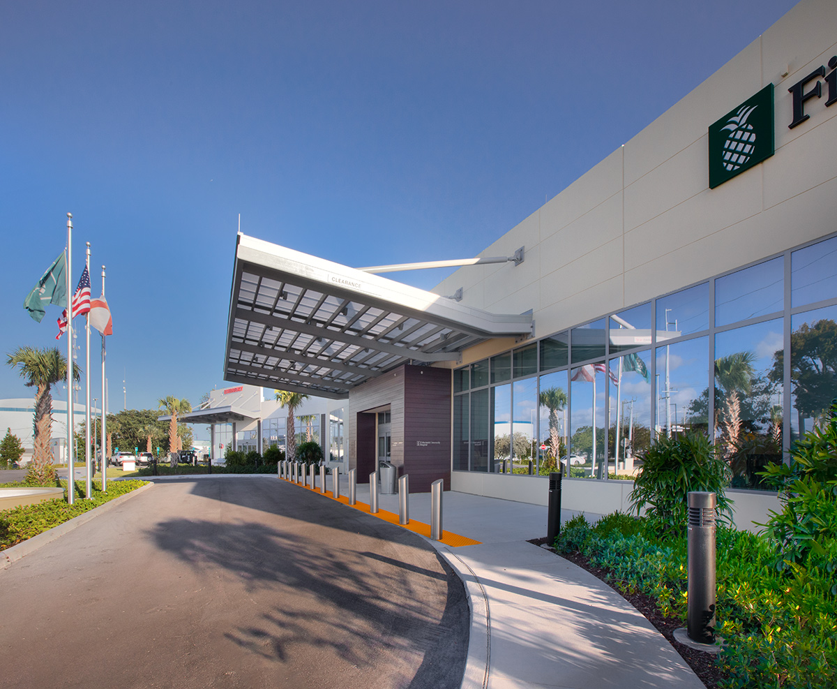 Architectural entrance view of Baptist Fishermen's Community Hospital in Marathon, FL