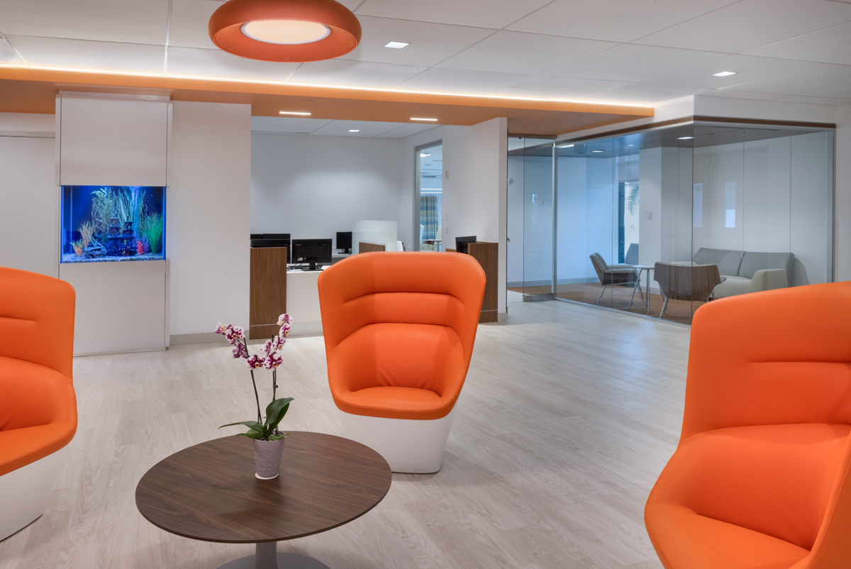 Interior design view of the reception lobby at Gastro Health, Miami, FL