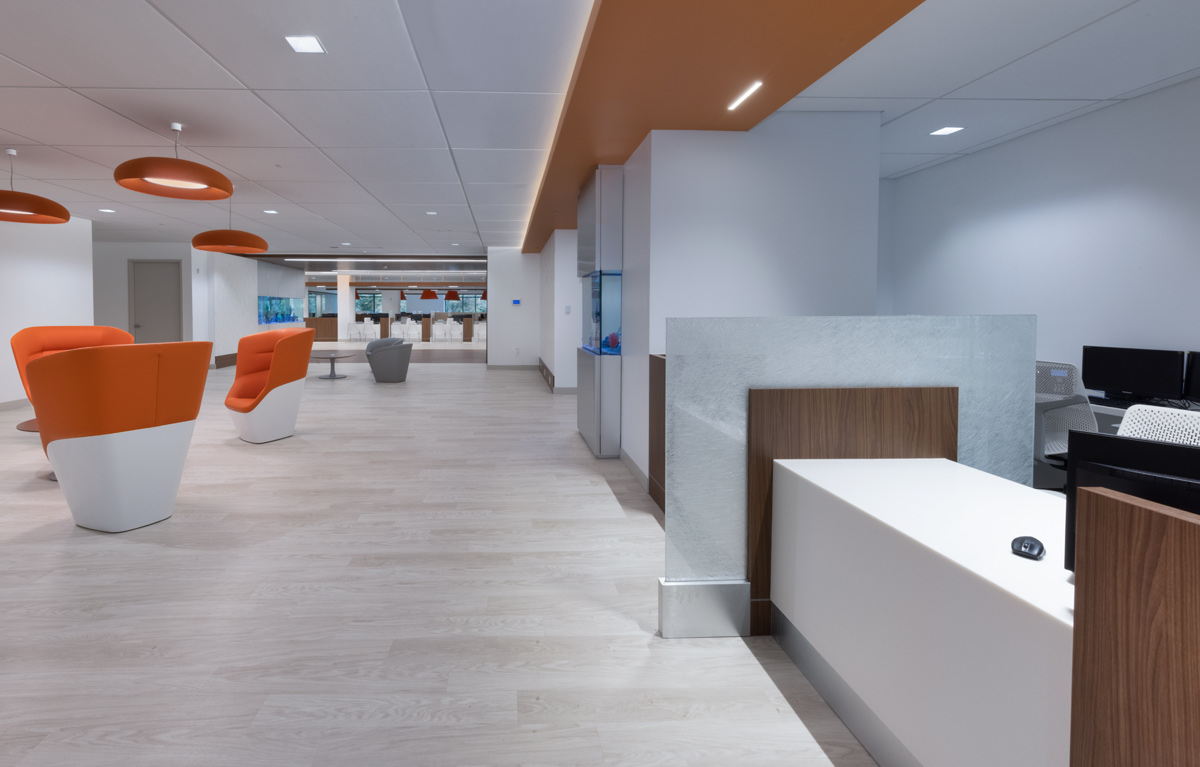 Interior design view of the reception lobby at Gastro Health, Miami, FL