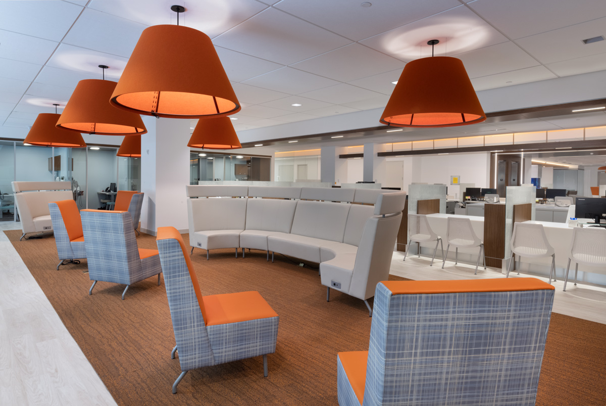 Interior design view of the employee work area lounge at Gastro Health, Miami, FL