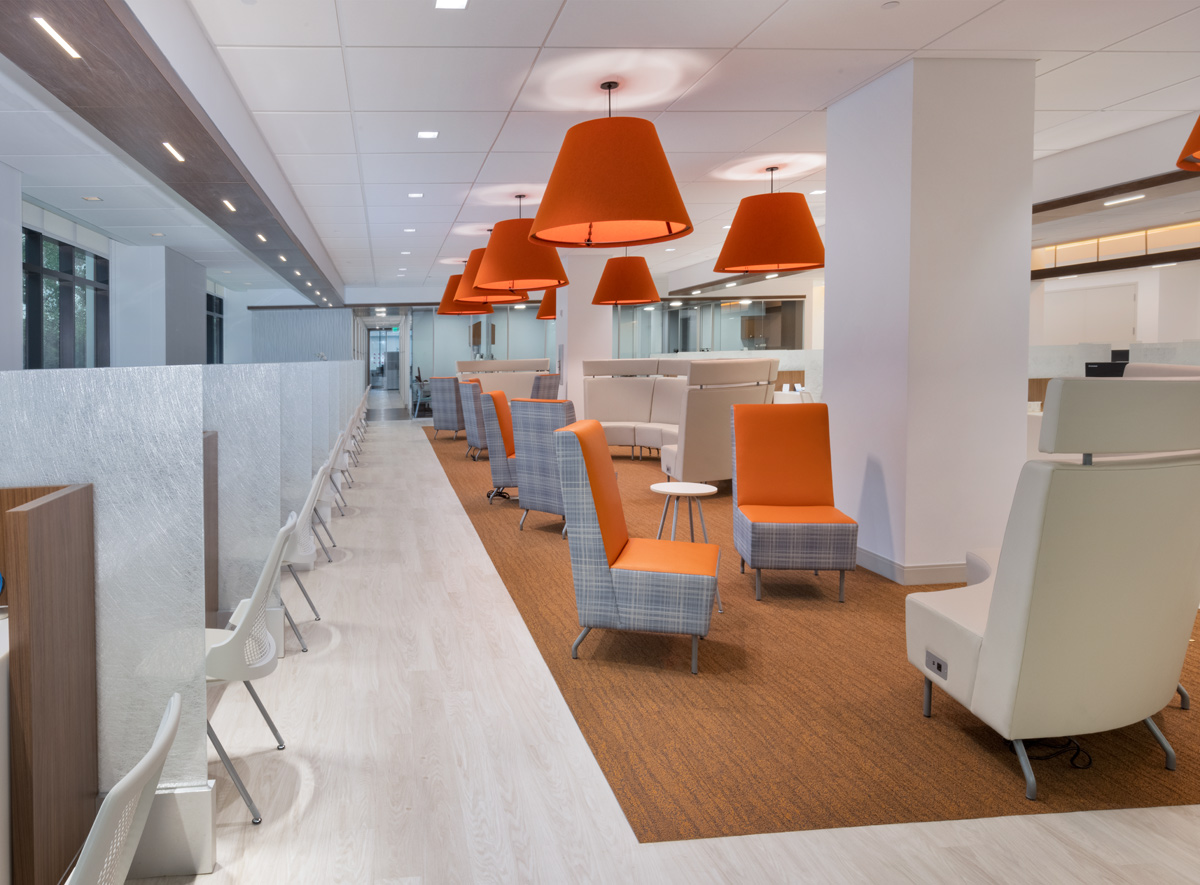 Interior design view of the employee work area lounge at Gastro Health, Miami, FL