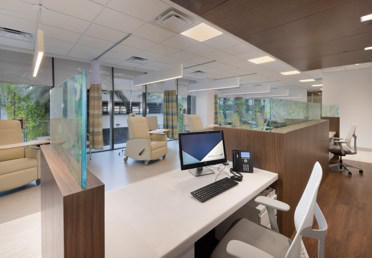 Interior design view of the infusion area at Gastro Health, Miami, FL