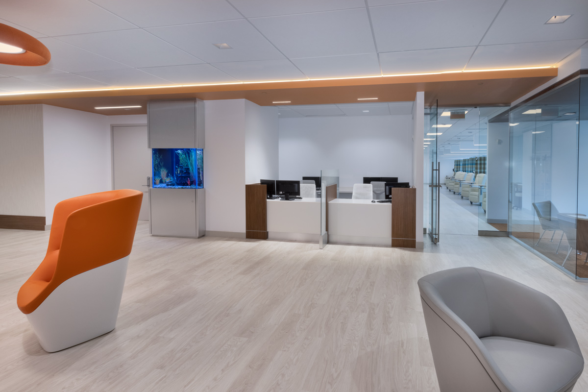 Interior design view of the reception lobby at Gastro Health, Miami, FL