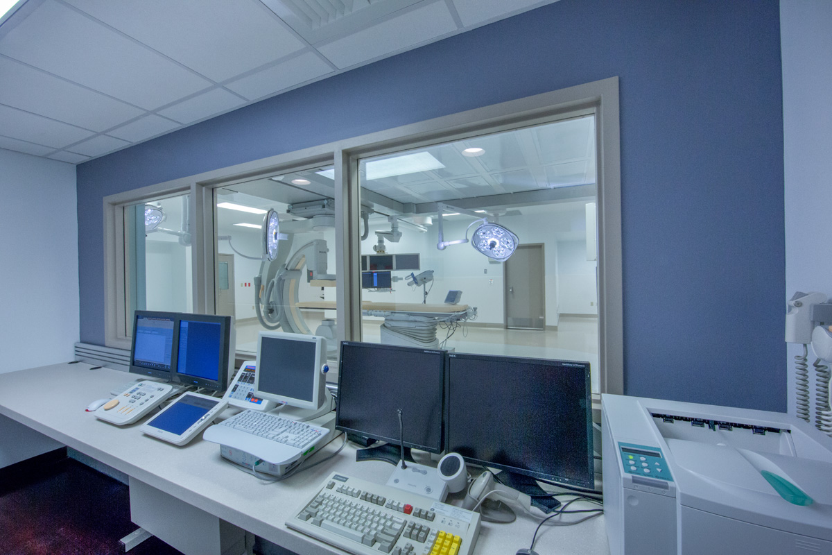 Interior design view of the Holy Cross neuroscience operating room from conrol ctr in Fort Lauderdale, FL