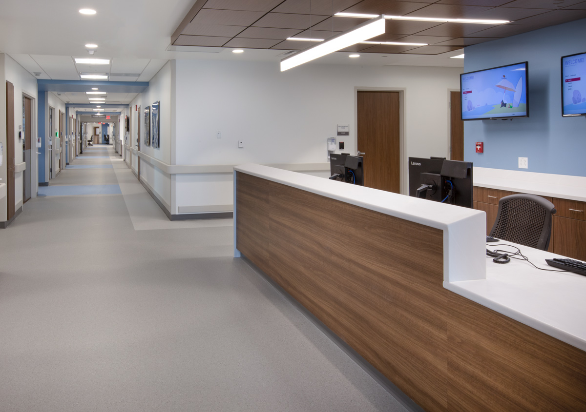 Interior design nurse station view of the Jackson Health Treatment Center and ICU in Miami, FL