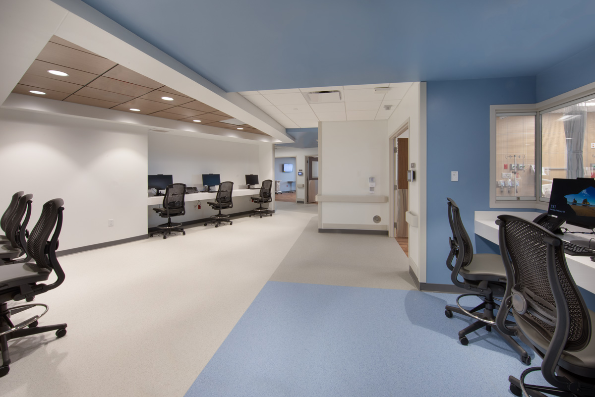 Interior design data entry station view at the Jackson Health Treatment Center and ICU in Miami, FL
