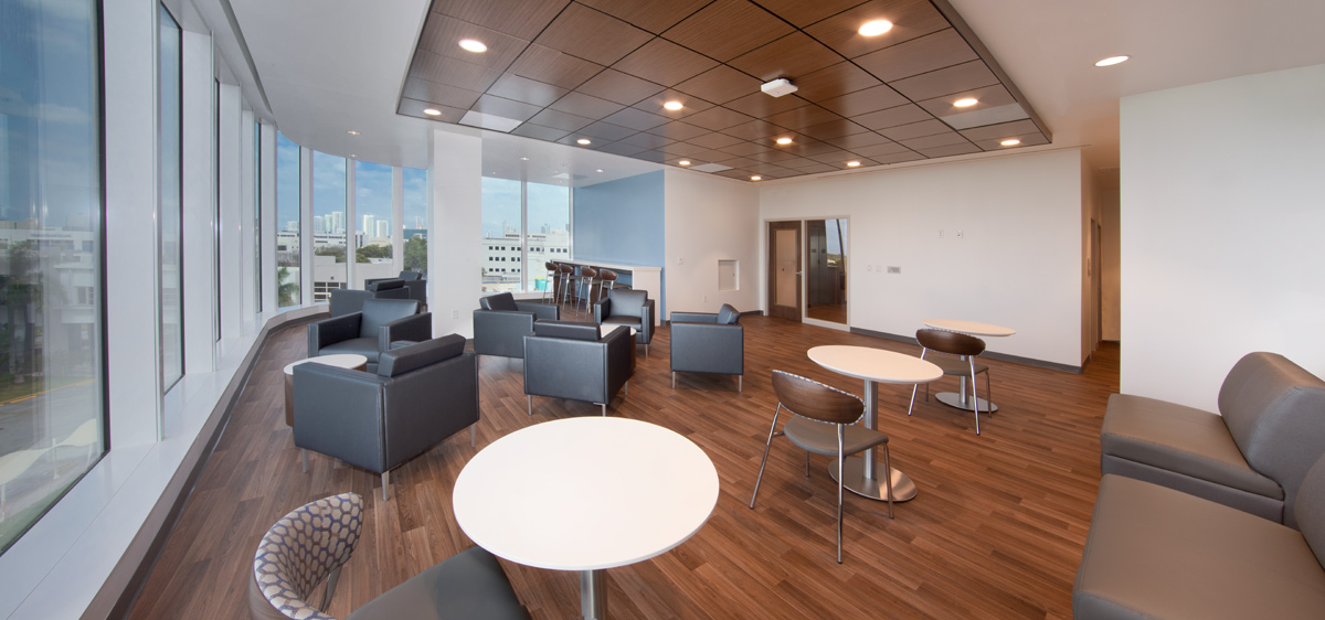 Interior design patient lounge view at the Jackson Health Treatment Center and ICU in Miami, FL