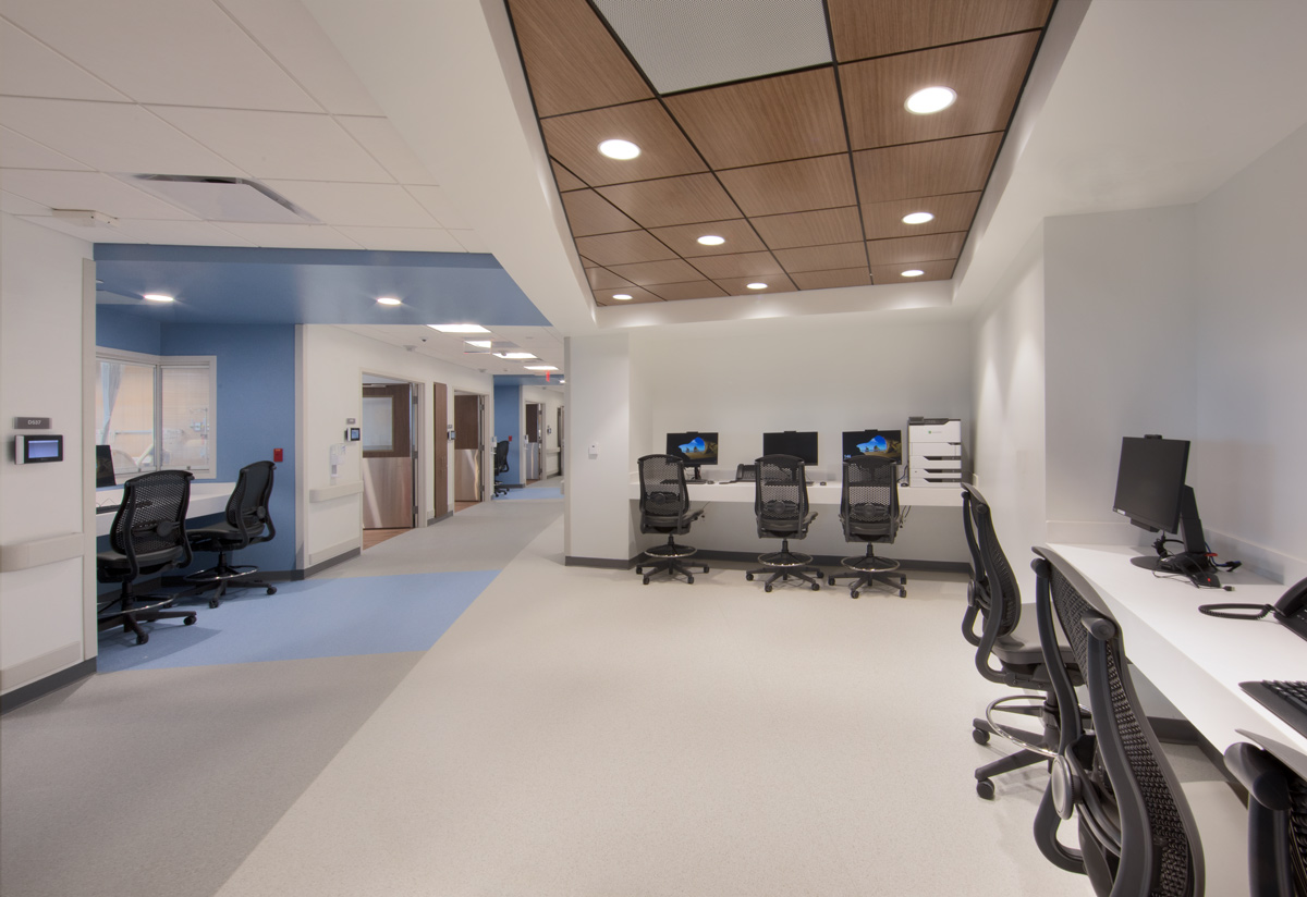 Interior design data entry station view at the Jackson Health Treatment Center and ICU in Miami, FL