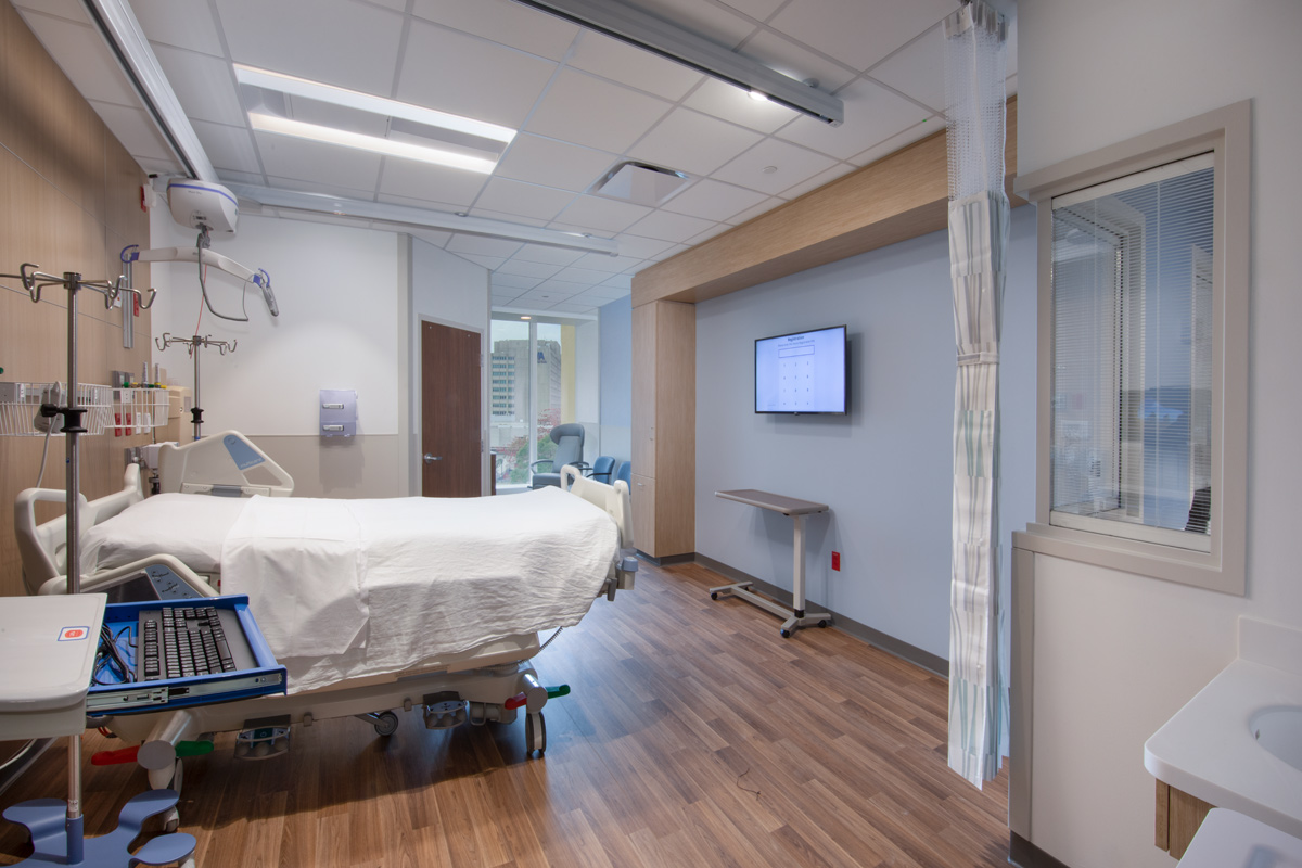 Interior design patient room view of the Jackson Health Treatment Center and ICU in Miami, FL