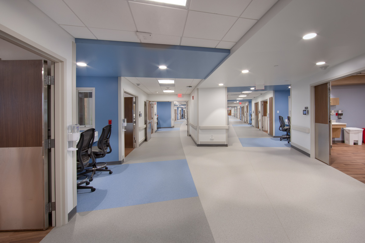 Interior design corridor view of the Jackson Health Treatment Center and ICU in Miami, FL