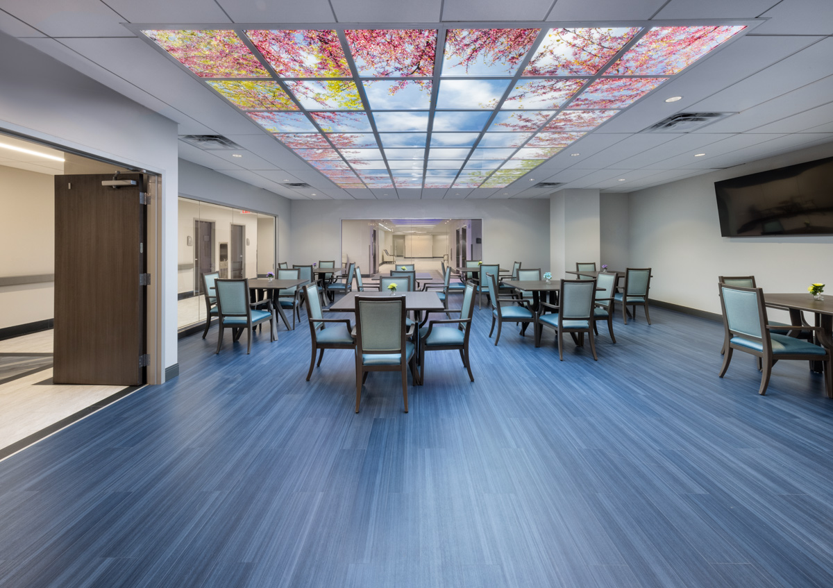 Interior design dining room view of the Victoria Nursing Home in Miami, FL.