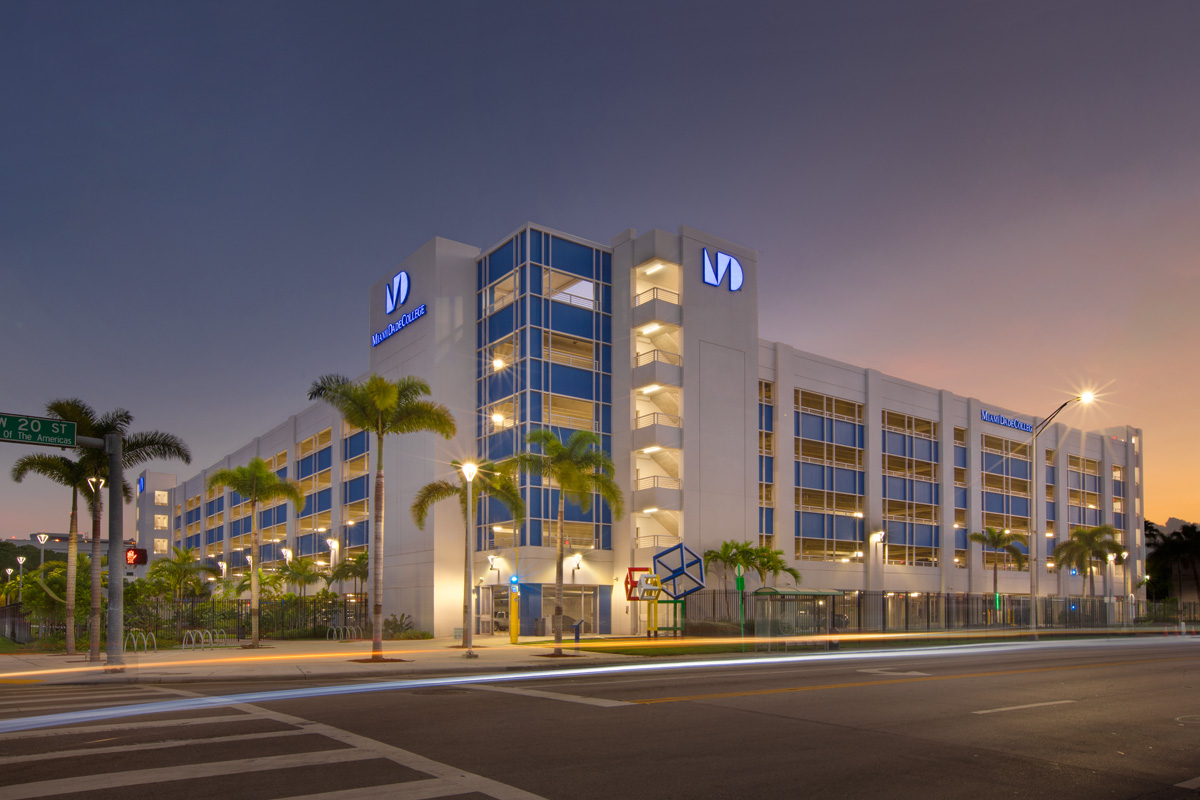 Architectural view of the Miami Dade College medical garage in Miami, FL.