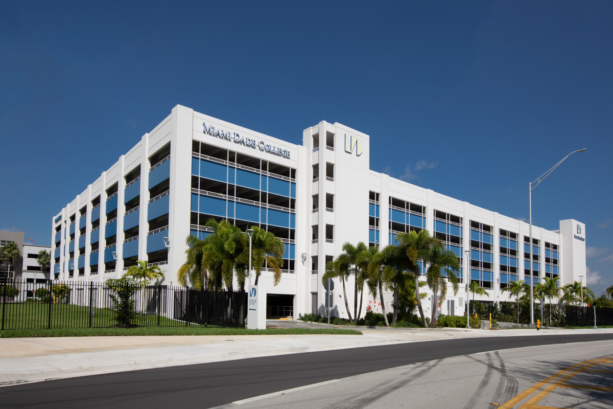 Architectural view of the Miami Dade College medical garage in Miami, FL.
