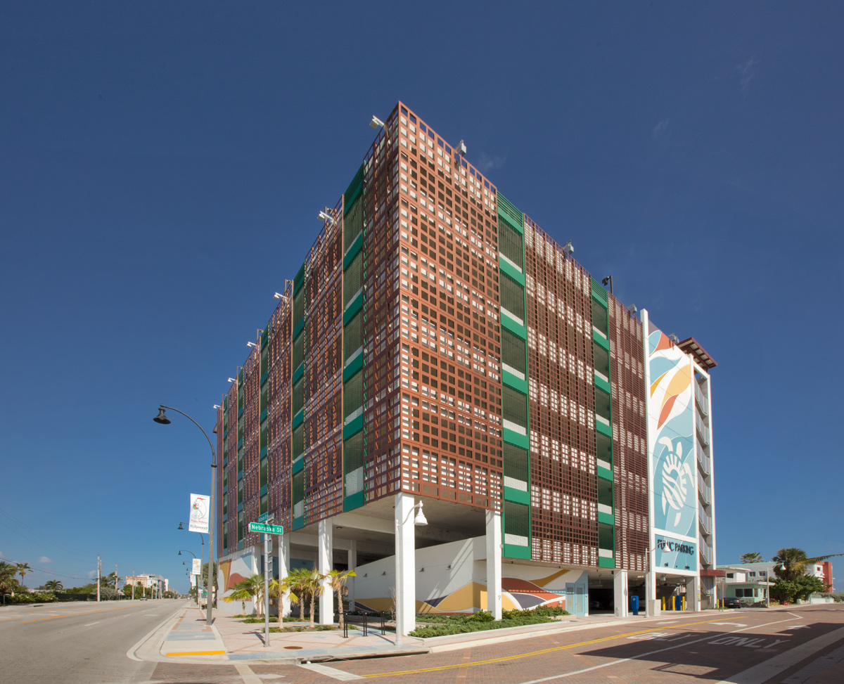 Architectural view of the Nebraska garage at the beach in Hollywood, FL.
