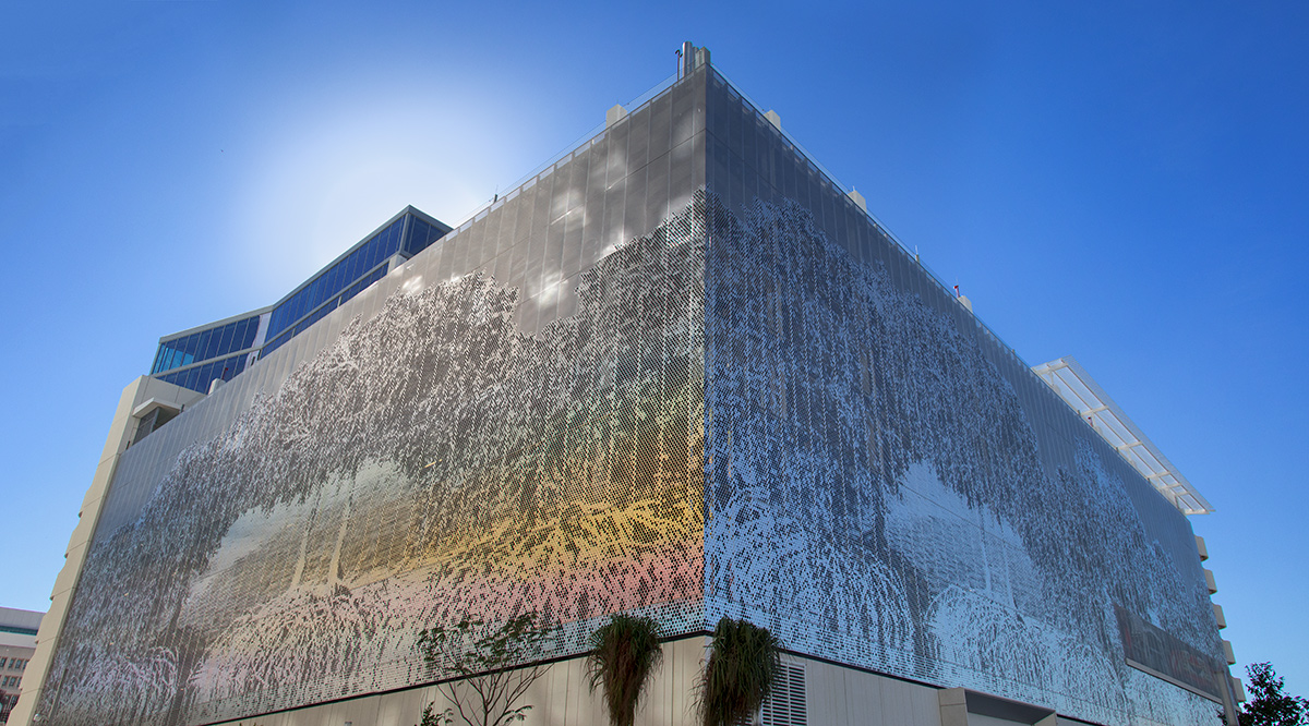 Architectural view of the All Aboard Florida building facade Miami, FL.