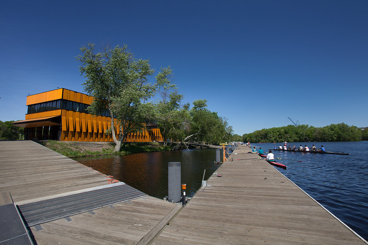 Scenic view of the Harry Parker Boathouse in Brighton, MA.