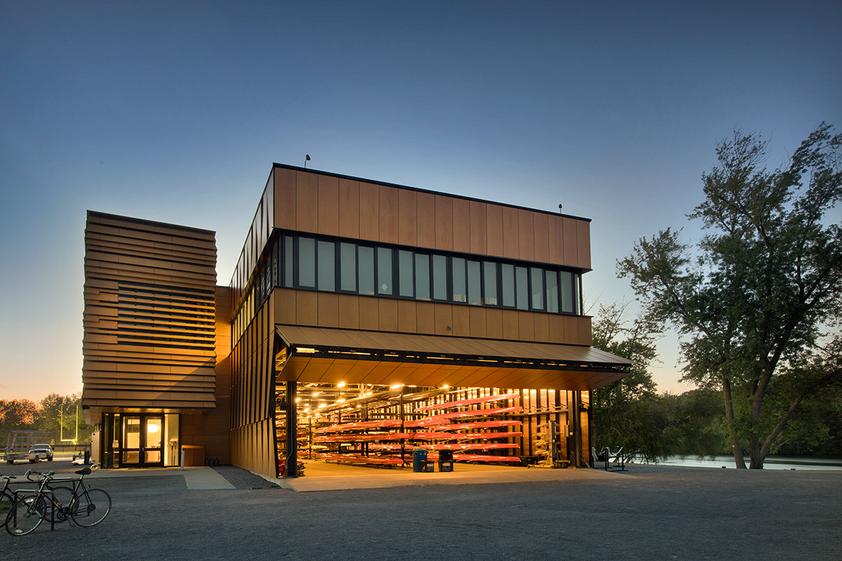 Architectural dusk view of the Harry Parker Boathouse in Brighton, MA.