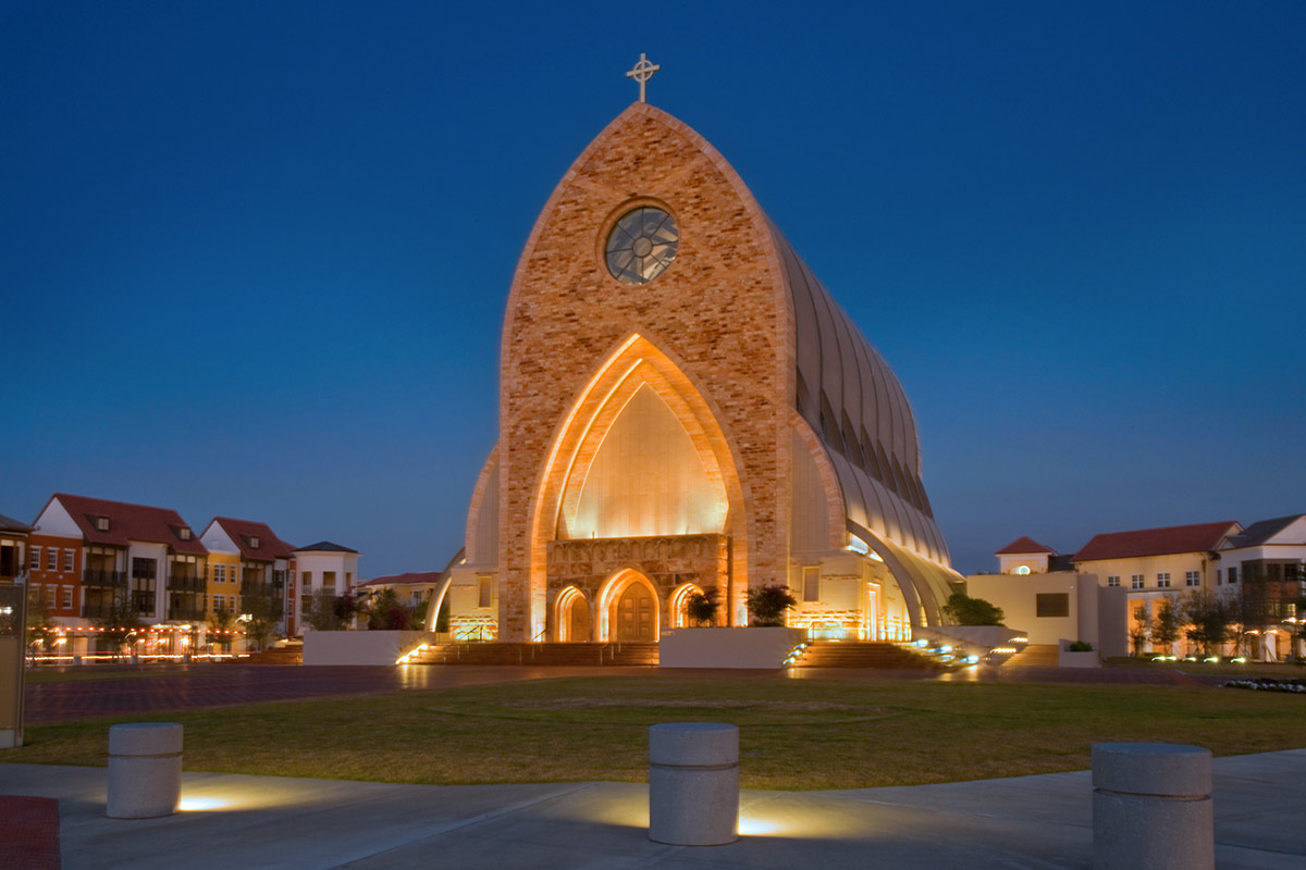 Architectiural dusk view of the Ave Maria oratory in Ave Maria, FL.
