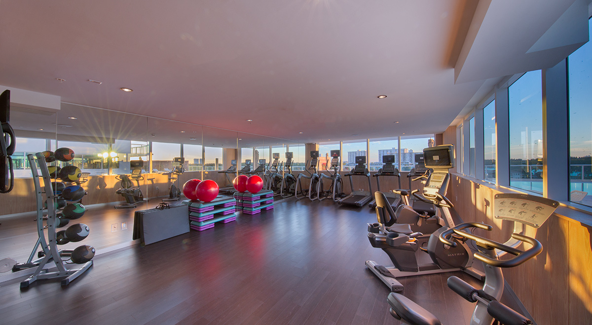 Interior design view of the fitness room at the 400 Sunny Isles condo.