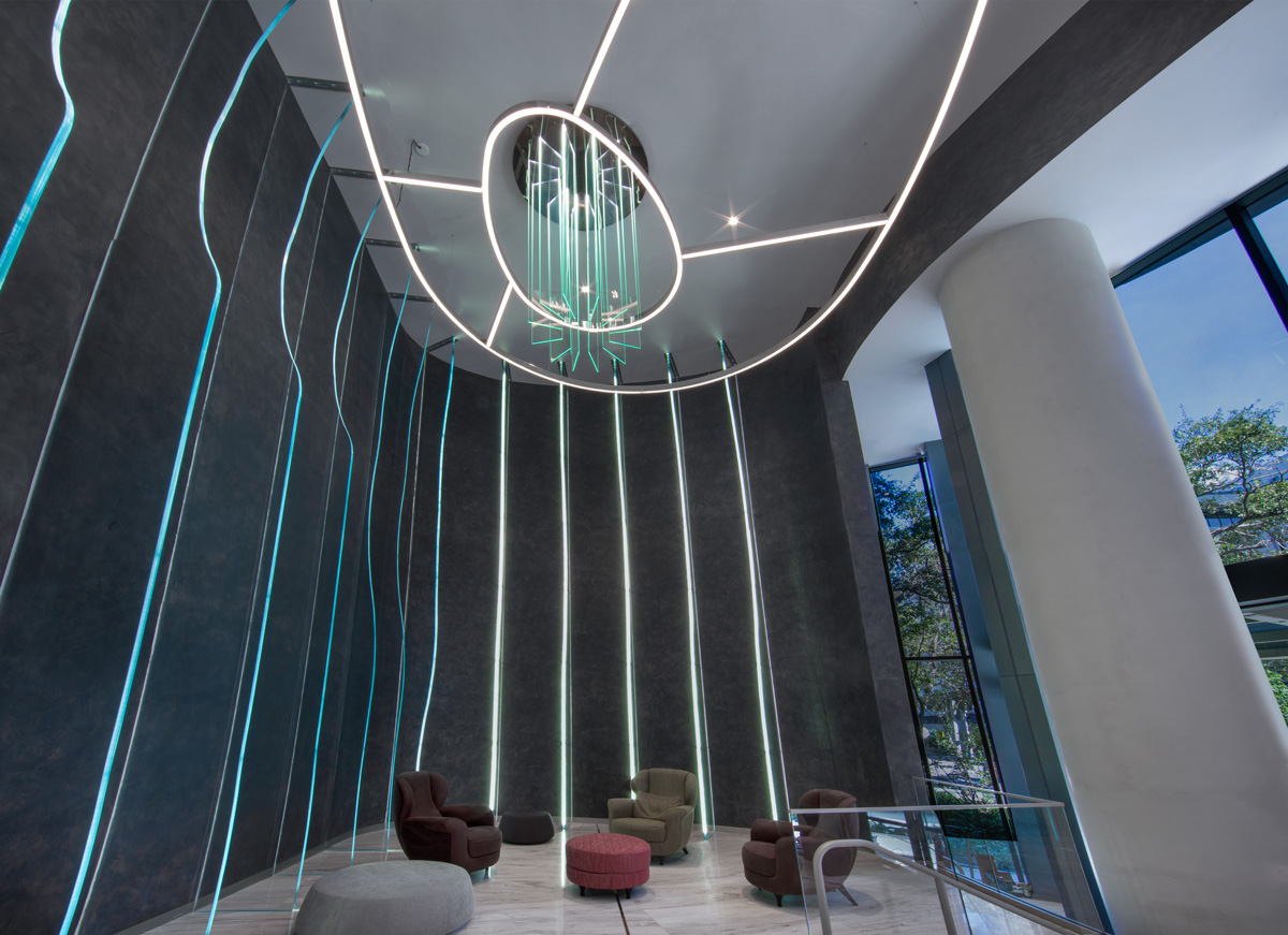 Interior design view of Brickell Flatiron lobby in downtown Miami