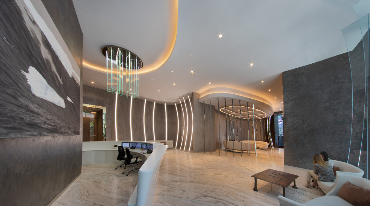 Interior design view of Brickell Flatiron reception in downtown Miami.