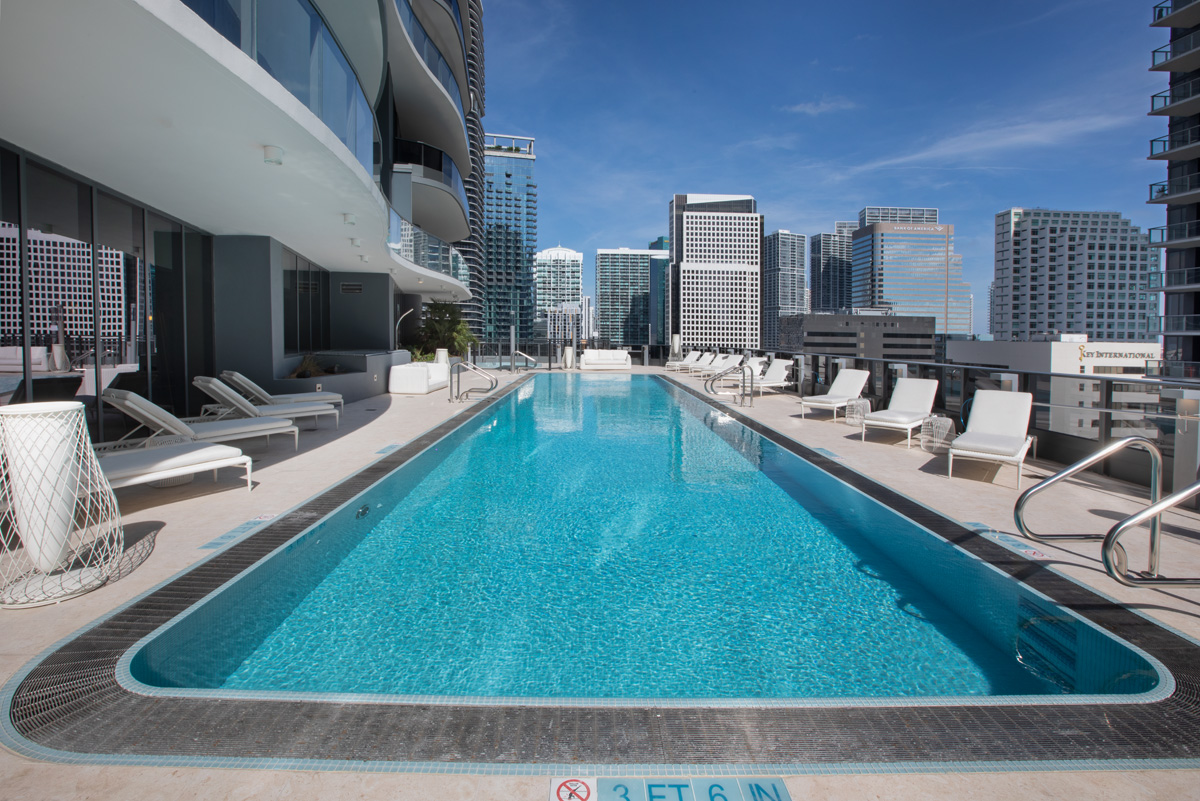Architectural view of Brickell Flatiron pool deck in downtown Miami.