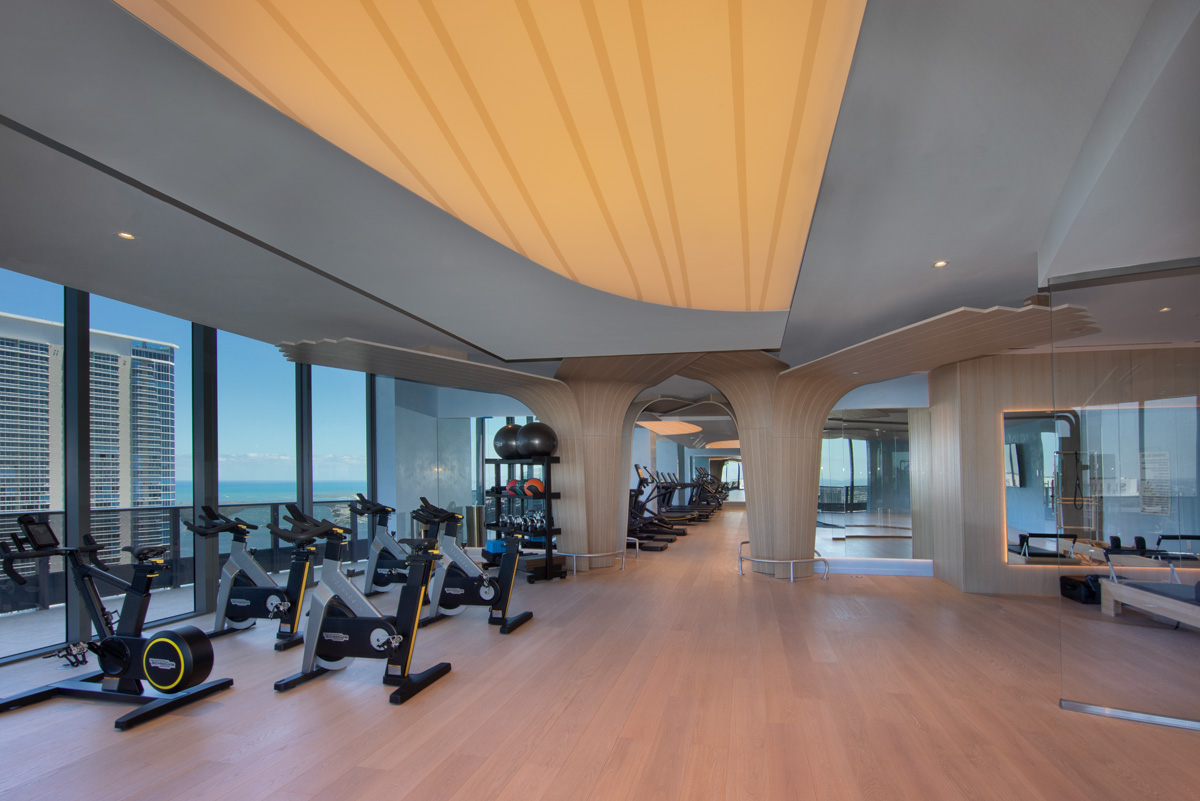 Interior design view of Brickell Flatiron fitness room in downtown Miami.