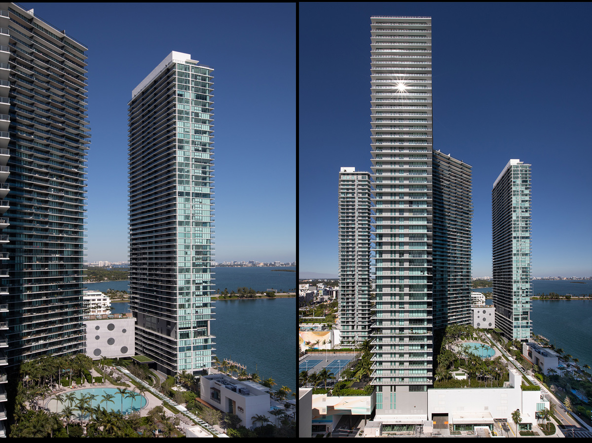 Paraiso Bay condo towers Miami architectural view.