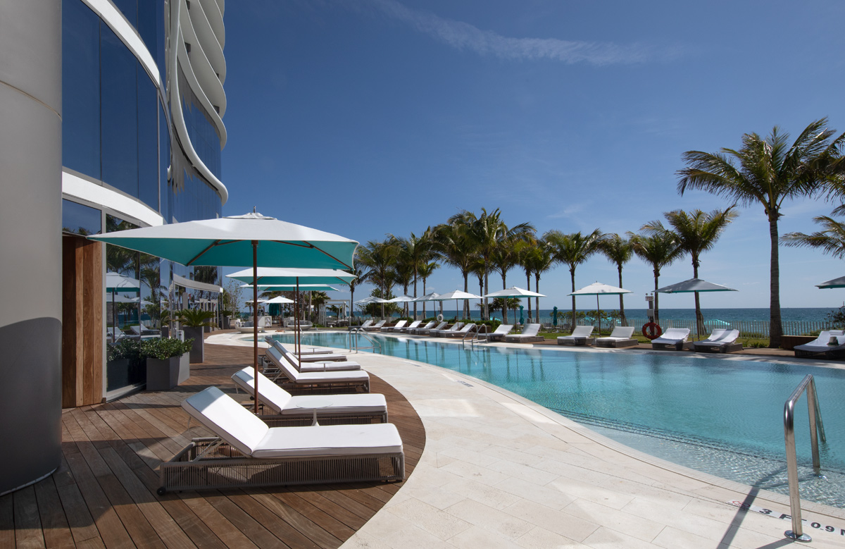 Pool deck view at the Ritz Carlton Residences in Sunny Isles Beach, FL