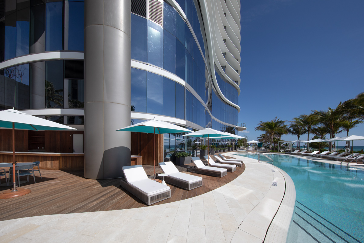Pool deck view at the Ritz Carlton Residences in Sunny Isles Beach, FL