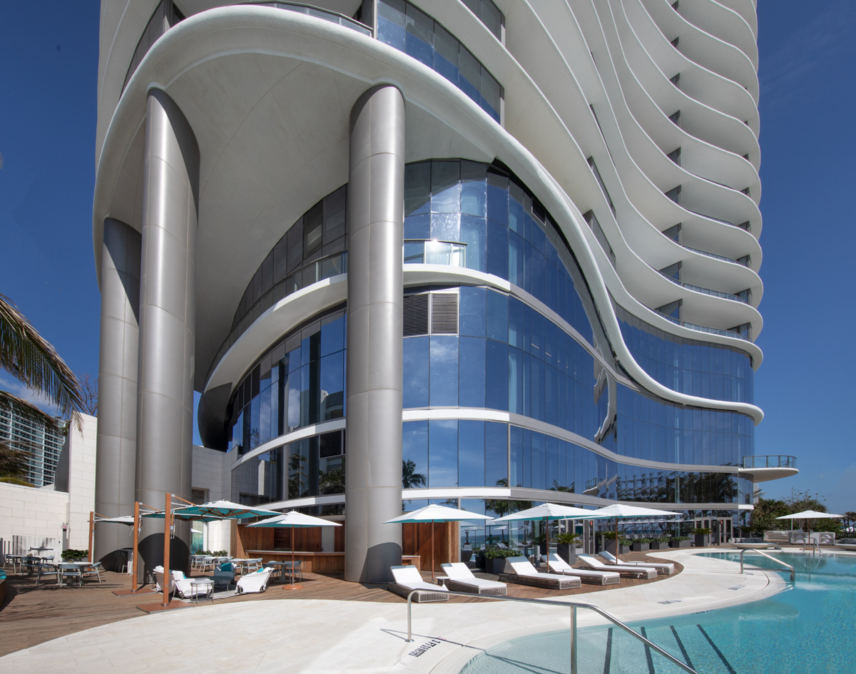 Pool deck view of the Ritz Carlton Residences in Sunny Isles Beach, FL