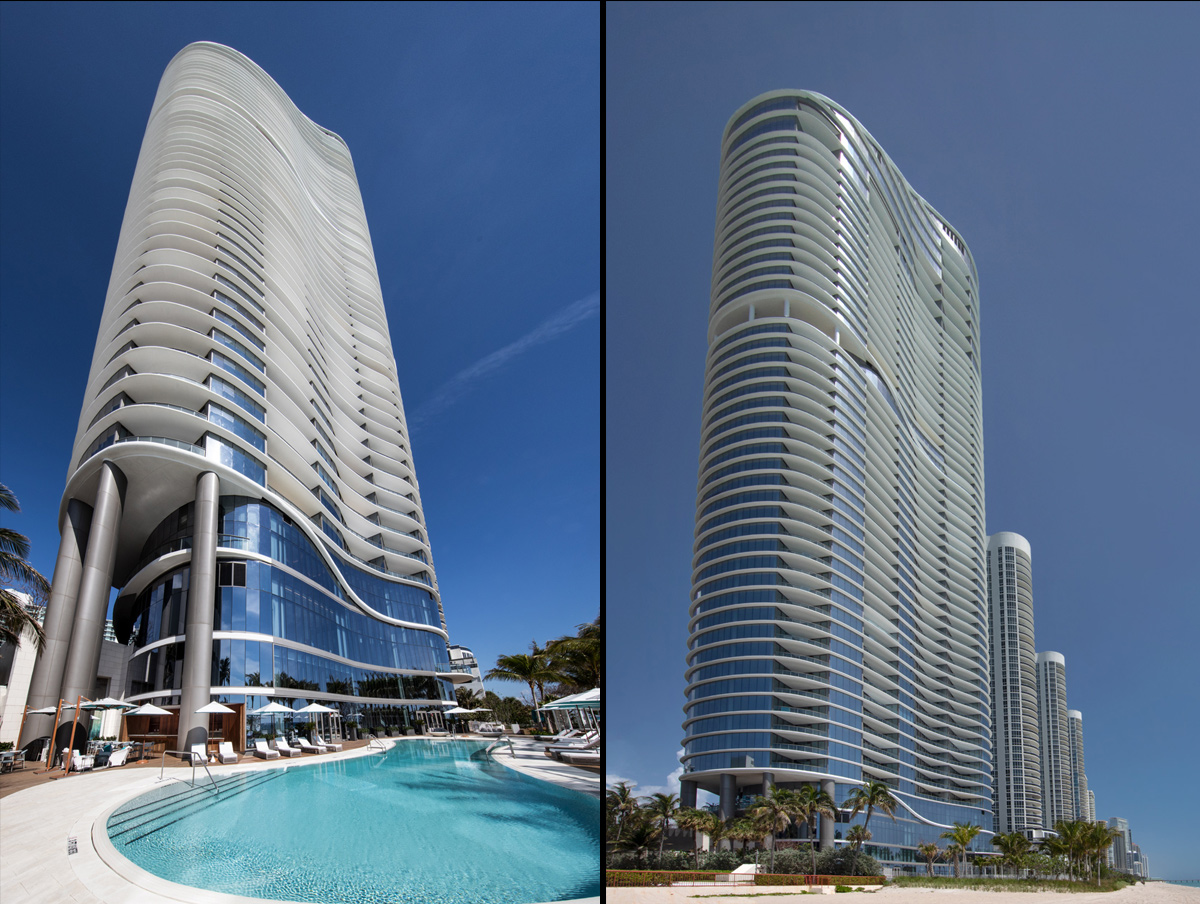 Pool and beach view of the Ritz Carlton Residences in Sunny Isles Beach, FL