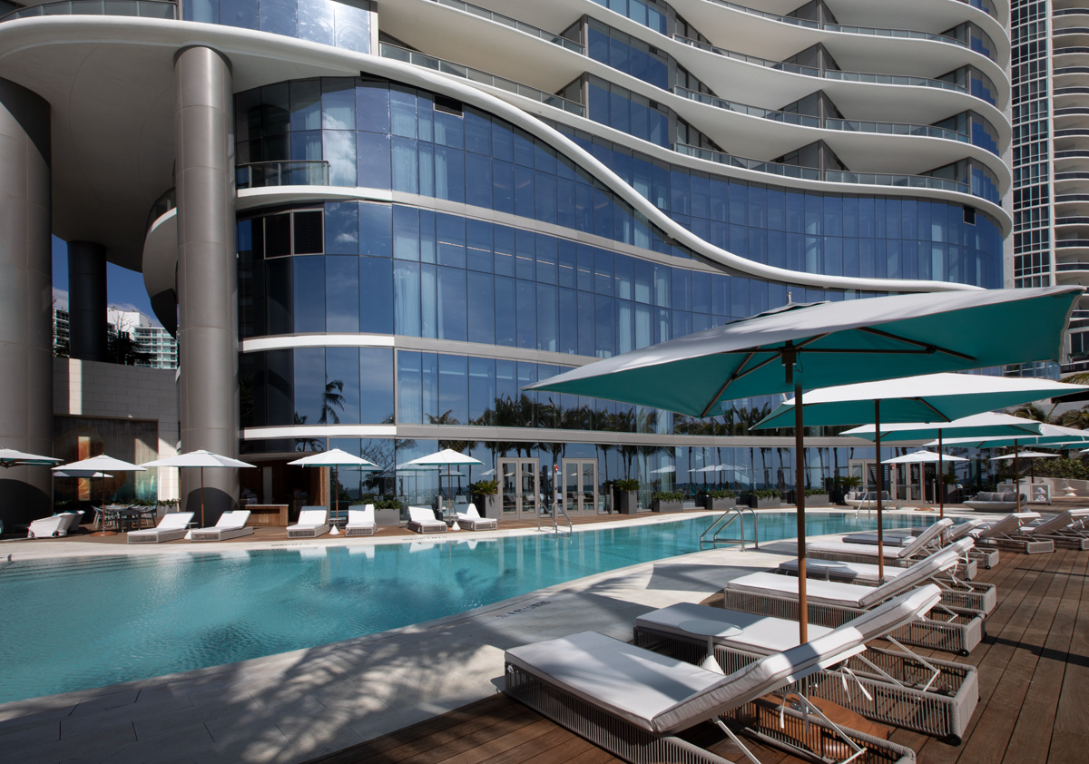 Pool deck view at the Ritz Carlton Residences in Sunny Isles Beach, FL