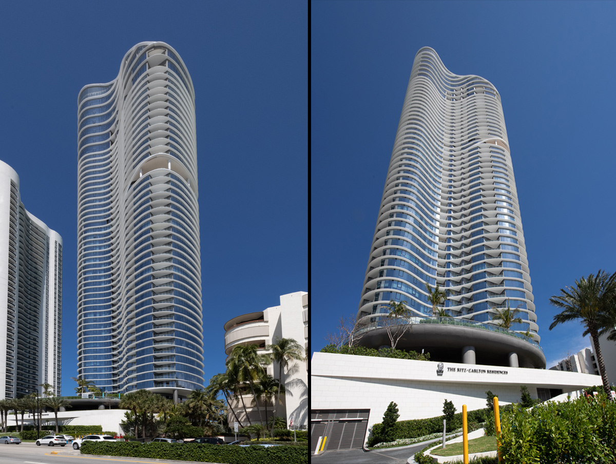 Two architectural tower views of the Ritz Carlton Residences in Sunny Isles Beach, FL