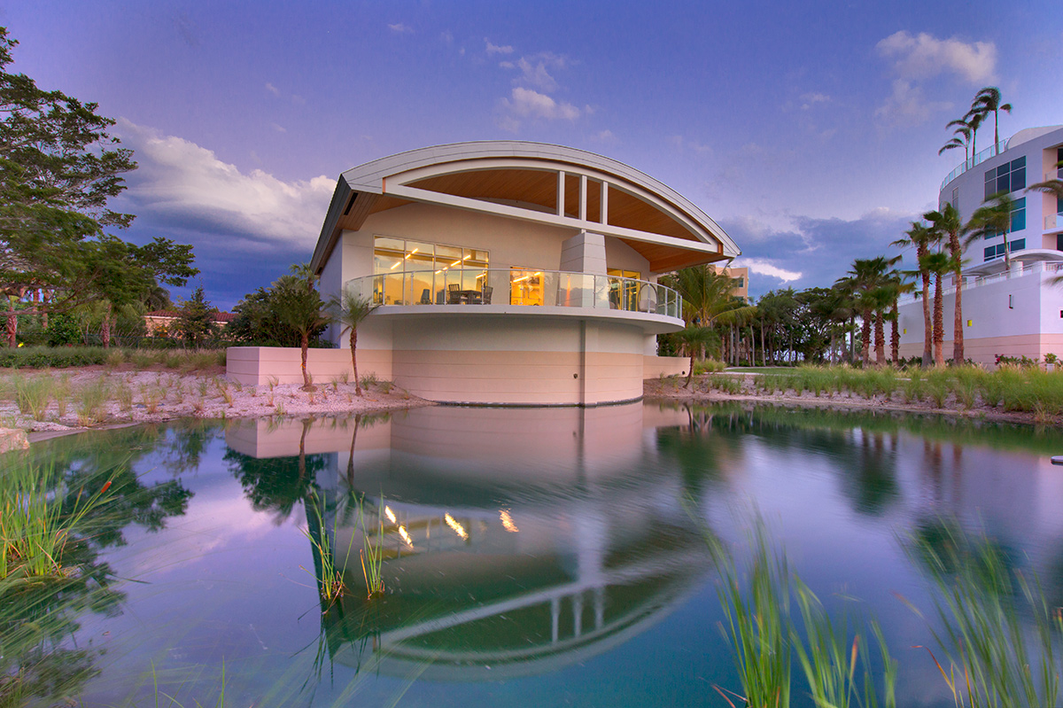 Architectural dusk view at Aria Luxury Condos Longboat Key - Sarasota, FL.