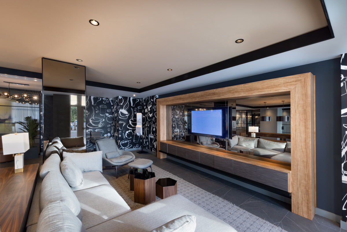Interior design view of the game room at Landmark South, Miami.